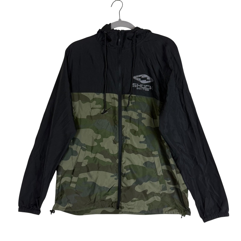 Shock Doctor Jacket Mens Medium Green Camo Hooded Windbreaker Full Zip Athletic